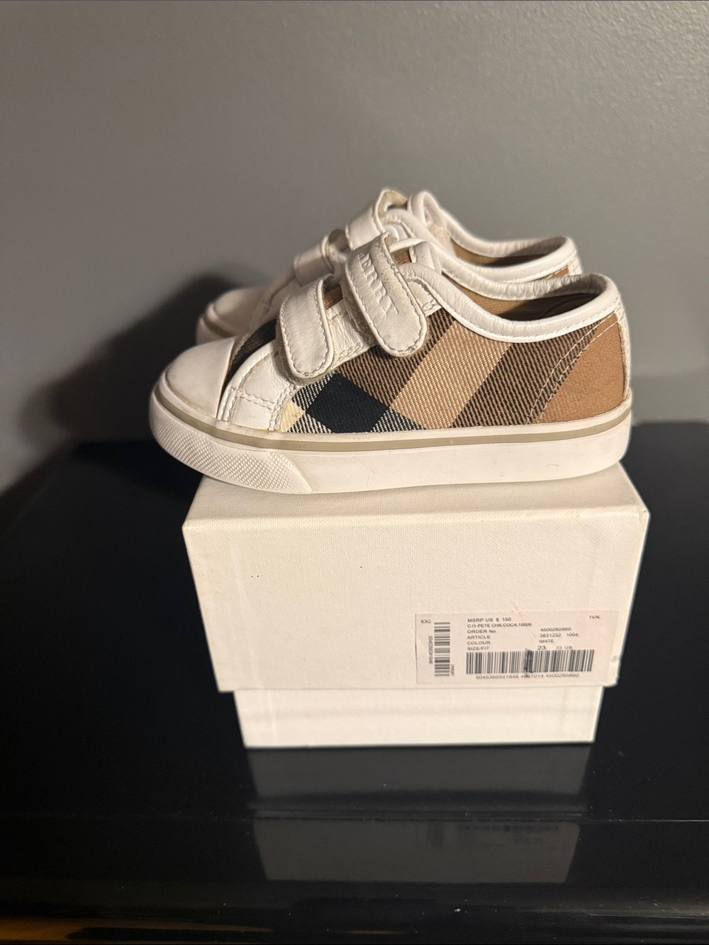 Burberry Kids Tan Beige & Black Check Velcro Sneakers